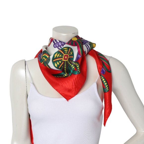 Vintage SKS Ribbon Print Satin Scarf Neck Hair Scarf 1980 Red Blue White Yellow - Picture 5 of 7